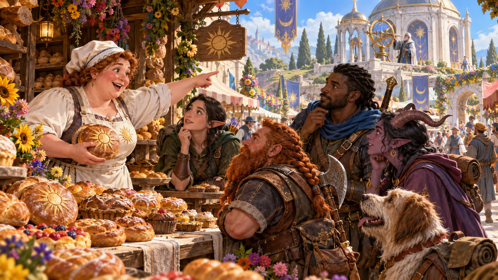 Illustrated fantasy baker speaks with adventurers and points toward a celestial scholar beyond the market.
