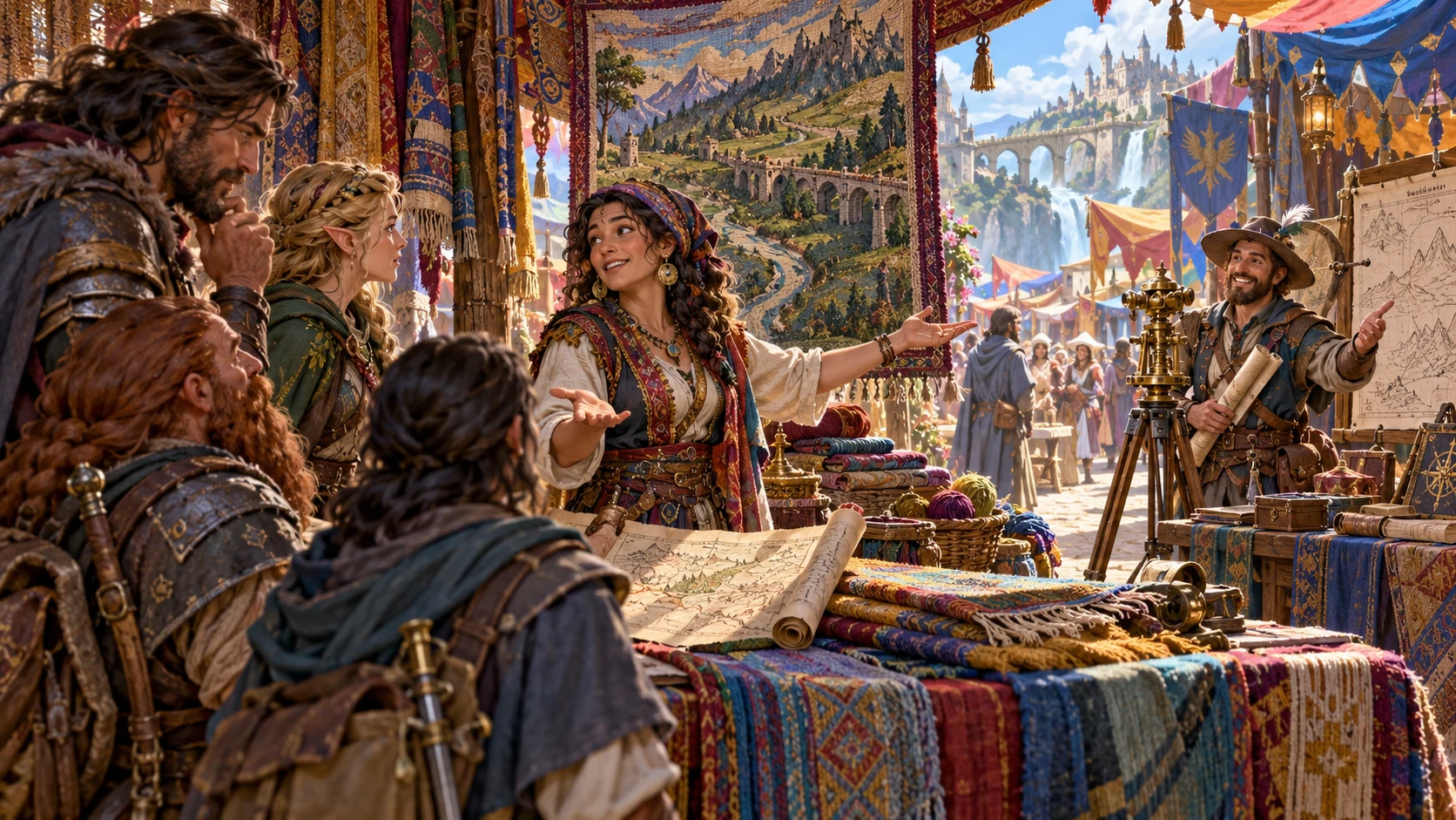 Illustrated weaver speaks with adventurers beside maps and colourful textiles while a surveyor offers more specialised knowledge.