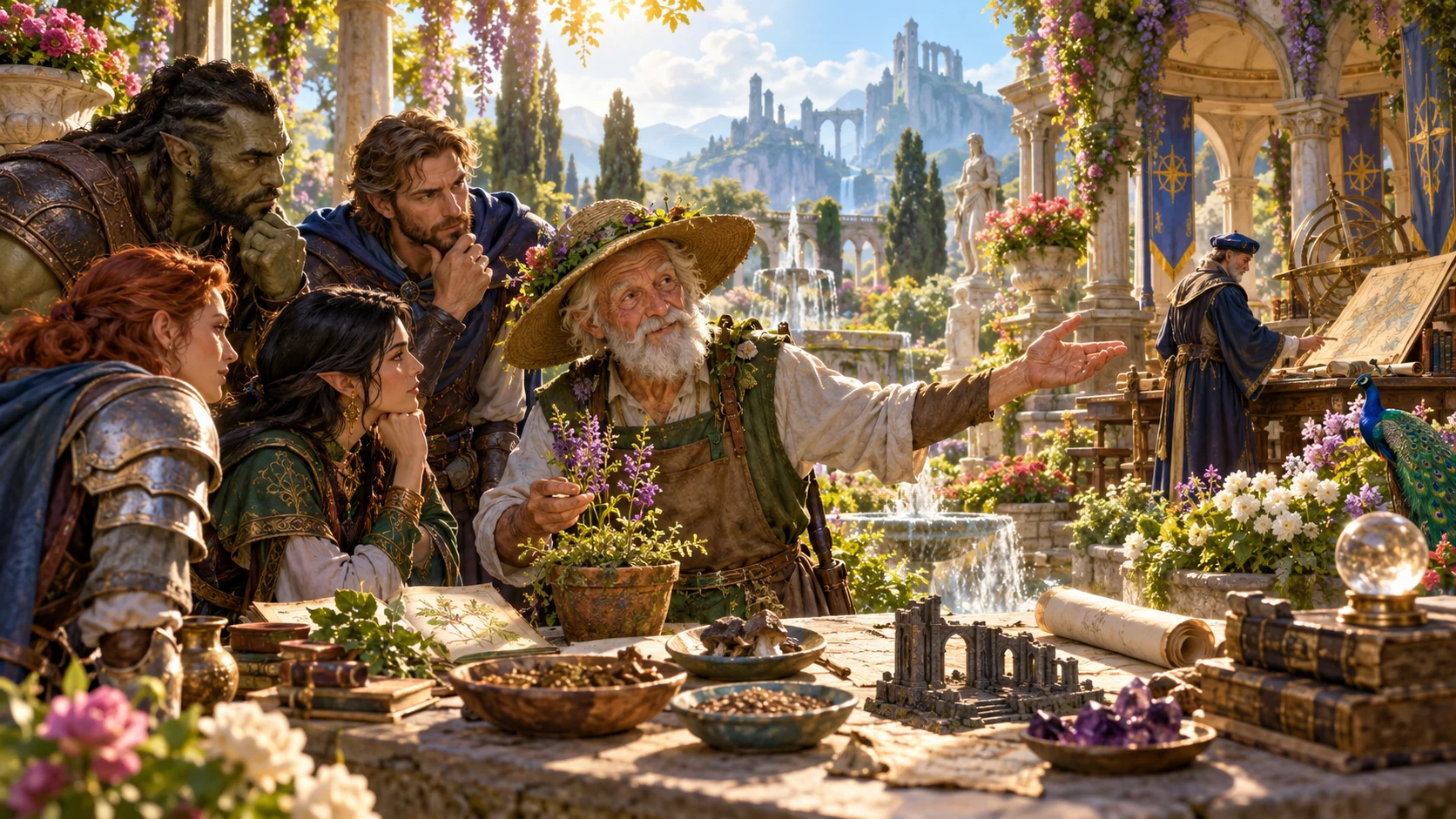 Illustrated gardener offers adventurers a partial account of ruins and gestures toward a scholar working at a desk.